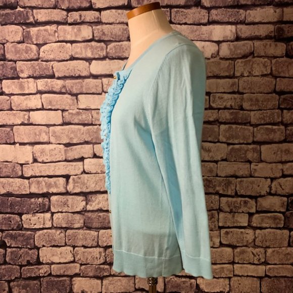 Talbots Aqua 3/4 Sleeve Cardigan W/ Front Ruffle Size Large - Picture 4 of 10